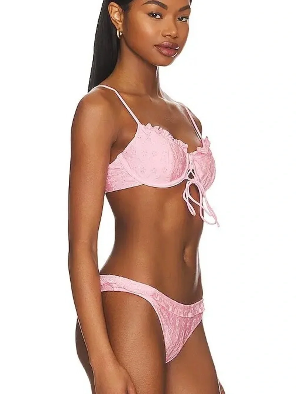 New Frankie's Bikinis Lucia Eyelet Bikini Top in Cherry Blossom Shine | Medium